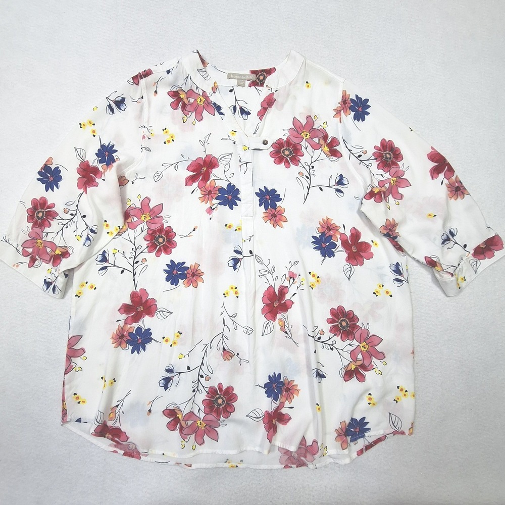 Woman Within Blouse Womens 18/20 White‎ Floral 3/4 Sleeve Rayon Tunic Top